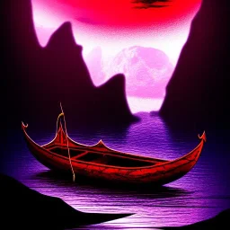 Charon in his boat on the river Styx, red black purple colours, 8k, high definition, fantasy art, winding river, sharp jagged rocks, high contrast colours, sharp colours