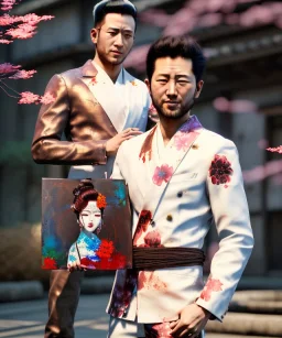 an abstract painting of rusted metal and flowers, Japan Geisha style, 8K, a Highly detailed stunning portrait of Dom man holding a submissive woman by the chain, realistic face, white suit, beard, and short hair, bad boy