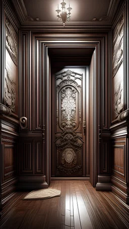 In this artistic composition, the door stands out as a significant element in a scene rich with details. The walls, stretching on either side of the door, are coated in a soft white paint that reflects the light from the window on the right, creating a delightful color contrast. The door appears in a dark brown color, with intricate carved details that add an artistic touch. In the center of the door is a silver handle that reflects light, drawing attention to it and enhancing the three-dimensi