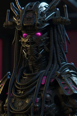 Fully armored cyberpunk samurai, photorealistic