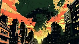 retro anime style, serius dark 1990s anime style, city, atomic mushroom cloud