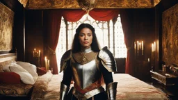 [Legend (1985)] In the opulent luxury of the medieval bedroom, the female captain of the guard stood with regal grace, her armor gleaming in the soft candlelight that bathed the room. The plush furnishings and intricate tapestries spoke of wealth and power, a stark contrast to the battle-hardened warrior who now found herself in this lavish setting. The captain's hand rested on the hilt of her sword, she exudes an aura of strength and unwavering resolve.