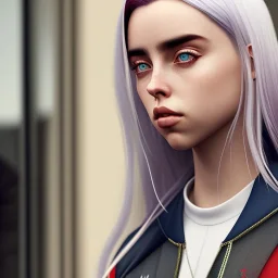 Billie Eilish, full body, on the bed, in my underwear, pale skin, high detail, realistic, 8k, not to be distinguished from a photo, identical pupils