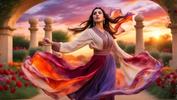 Hyper Realistic Photographic Close View Of A Beautiful Pashto Woman (With Beautiful Eyes Lips & Nose, & Long Black braid Hairstyle Whirling; Wearing Beige & Orange Gradient Frock With Maroon & Purple Stripes & white embroidery) Happily Whirling & Dancing In A Beautiful Colorful Flower Garden With Fancy Stone Arches & Rose Petals Whirling At Beautiful Cloudy Sunset Showing Dramatic & Cinematic Ambiance.