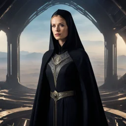 She stands tall, her presence commanding respect. A young Bene Gesserit, a woman of poise and grace, adorned in the traditional black robes of her order. Her eyes, piercing and calculating, seem to hold a depth of knowledge beyond her years. The bridge of the spaceship is her realm, her domain.