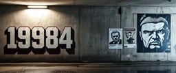 background of wall(wet textured concrete, gray, old, cracked, stained, 1 wall light) from underground parking, german style, a large blocky "1984" painted on left(old faded paint), cyberpunk, to the right of opening row of posters(blank) ending with a larger mural(tightly cropped face, scornful, staring, dictator, from 1984)