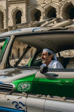 A Saudi prince laughs and drives his car recklessly, sticking his head out of the window among the ruins of a destroyed city, showing the Al-Aqsa Mosque and the torn Palestinian flag on the ground.