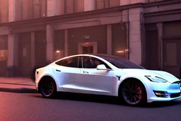 A Tesla 'Model S' is parked, near the building of the 'Friends' series in New York. (CINEMATIC, WIDE ANGLE LENS, PHOTO REAL)