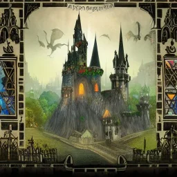 A magical gothic canal city of wizards, witches and warlocks with a castle and huge caravan houses Nick Harris style