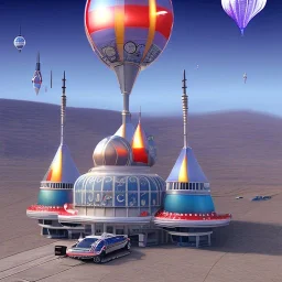 spaceport church rockets in the desert for hot air baloons with gas stations lots of gas stations and shipwrecks sailship wrecks and cargo churches and containers with fleemarkets and scavengers lots of logos and advertisement spaceshuttels in icebergs oasis desert sahara with rooftop lounges and casino