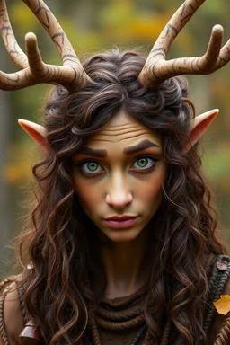 A fantasy druid with antlers, olive toned skin, long brown curly hair, green eyes, Quirky face, Autumn Colors