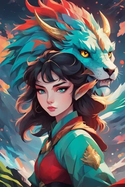 A dragon mixed with a mythical lion and a human female elf.Dramatic and powerful look and feel. Extensive attention to details. Bold lines. Vivid colors. 80s style retro anime art. Double exposure. cartoon style. cubism style