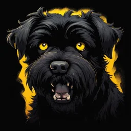 head of an angry scruffy black terrier on black background, yellow eyes, defined teeth, turned to the side, horror fantasy graphic novel illustration