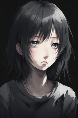 emotionless, numb, depressed anime girl portrait with dark black background