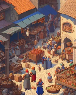 A lively street market in a bustling medieval town, with merchants, entertainers, and townsfolk going about their daily lives, in the style of detailed pixel art, a rich tapestry of colors and textures, dynamic lighting and shadows, inspired by the works of Hieronymus Bosch and Bruegel the Elder, 8K resolution, inviting viewers to lose themselves in the myriad of stories unfolding within the scene.