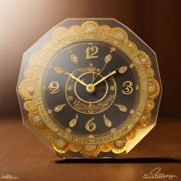 large crystal ornate square and round clock with a transparent body, wooden and black and gold, transparent, rococo, Artstation, intricate and meticulously detailed 8 k, ornate and jewels, bokeh background