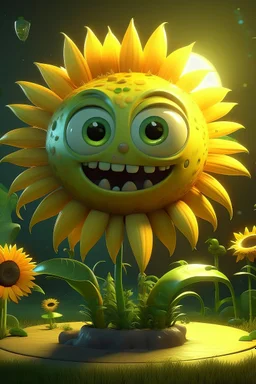 A whimsical, Studio Ghibli-esque 3D illustration, rendered in a style blending 3D cartoon rendering with surrealist painting techniques, depicts/imagine A whimsical, Studio Ghibli-esque 3D illustration, rendered in a style blending 3D cartoon rendering with surrealist painting, depicts a bioluminescent sunflower-inspired creature with newly added chibi-style, realistic, wide-open laughing eyes and a mouth showcasing white, realistic teeth. The creature, possessing a symmetrical, radiant form, f