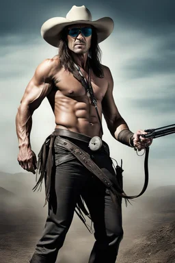 Full Color - uncropped, full body image, head to foot, 4k ultra-HD, hyper realistic, photorealistic, professional quality digital photograph - Extremely muscular E.A. Presley aka the LONE RANGER, extremely over exaggerated muscles, short, dark, crew-cut hair, large, curved down nose, large square chin, dark, intense eyes, light blue, skintight, formfitting cotton jumpsuit, red kerchief bandana, black venetian mask, double holstered utility belt, two Colt 45 caliber pistols, knee-high cowboy boo