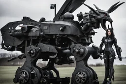 Black rabbit piloting a rabbit mech. Photograph.