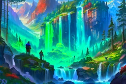 The land of scandinavia, forests, waterfall, travelers on their way, beautiful scenery, 8k, high detail, digital painting, concept art