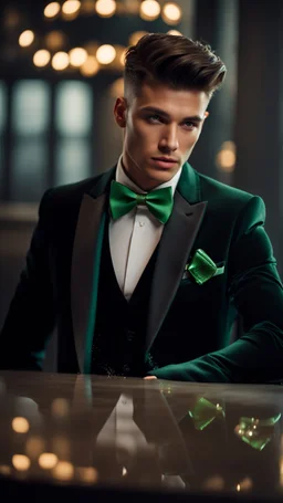 Handsome male model aged 20. undercut hair, wearing a black tuxedo with a green bow tie. Hyperrealistic 4k dark fantasy