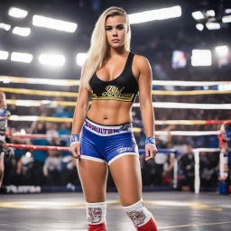 Female Justin Bieber as Shallotte Flair in wrestling ring full body