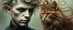 high class realism, dented skin, victorian era, cyber punk, A really close up portrait of one person individually mutated with hairy wigs glowing, and a long haired cat that just came out of a violent twister with its long hair twisted