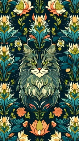 Maine Coon cat , repeating patterns design, fabric art, flat illustration, Vector, 4K, Art station, digital print, highly detailed clean, vector image, photorealistic masterpiece, realistic butterflies , flat background, isometric, bright vector, white background, 500 leaf, bright color, beautiful