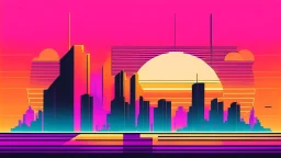 minimal design,shapes, synth-wave, synth-wave sun, synth-wave city, simple,iconic:1.8), synth-wave color in city, comic style