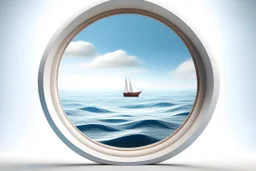 white,background,looking,through,a 3-d, hole,or,window,,a,seeing into an,ocean,with,sailing,boat