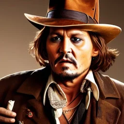 portrait of johnny depp as indiana jones smoking, in studio