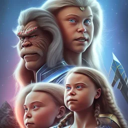  Greta Thunberg portrait as heman and shera sci-fi style, 8k, dark