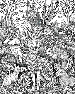 forest animals, coloring page, perfect composition, beautiful perfect coloring page, white, (((no cooler)))))