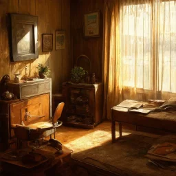 Very old stuff in a room, wide angle view, nostalgia, '50 style, artistic but hyperrealistic rendering