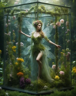 Photography The beautiful fairy girl in glass box is an abstract concept that refers to a world made entirely of flowers or plants, often in a fantasy or mythical setting. The flower planet in this image appears to be a baroque world, with ornate spiral patterns and intricate designs.