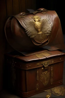 in the BASEMENT there is an old, broken brown oblong leather chest with short handles, with a hole on the side, gold coins from the time of Catherine the Great fall out of it. The ancient coat of arms of tsarist Russia, the double-headed eagle, is BARELY VISIBLE on the bag. All in high quality 8K