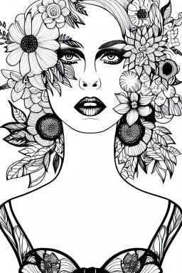 hyper detailed, black and white, thick line, coloring book illustration, lineart, stunningly beautiful woman in flowers