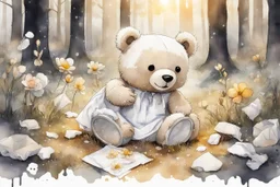 close-up of a cute chibi teddy bear packing piles of white clothes in the forest, laundry machine, grass and flowers next to him, melting watercolour and black ink outlines on wet paper, photorealistic, golden glitters S<AI in sunshine, ethereal, cinematic postprocessing