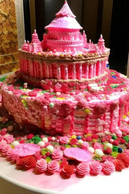 A pink ruined coliseum made out of sweets with fairies painted by Frank Lloyd Wright