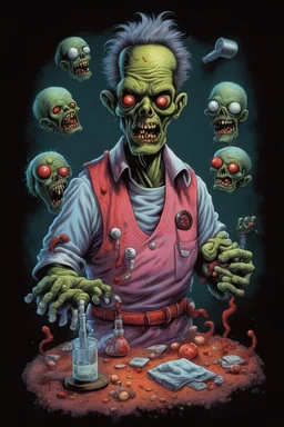 Science experiment Horror zombie surgeon by Richard Corben, Todd Schorr, T-Shirt Design, Black Background