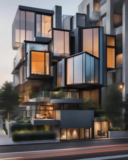 A post-modern 5-floor apartment with a cube concept and materials, such as concrete, metal, and glass in a big city