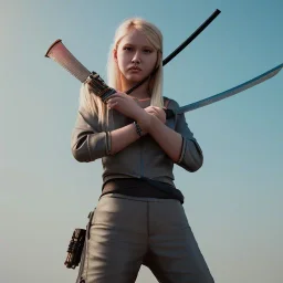 blonde girl in ninja outfit holding katana, unreal engine 5, octane render,cinema4d, dynamic lighting, 8k, redshift render, highly, hyperrealism ultra detailed, hyper realistic.