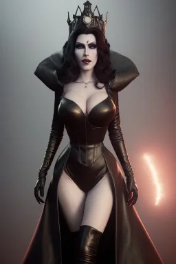 Amy Dumas as evil queen in black leather gown, evil, busty, cleavage, curvy, angry, stern look. character design by cory loftis, fenghua zhong, ryohei hase, ismail inceoglu and ruan jia. unreal engine 5, artistic lighting, highly detailed, photorealistic, fantasy