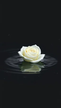 The image is a digital artwork that depicts a white rose in the center. The rose floats on the surface of the water, creating a wave-like effect. The background is black, which makes the white rose stand out even more. Water droplets are scattered adding to the dreamy, ethereal quality of the image. The a