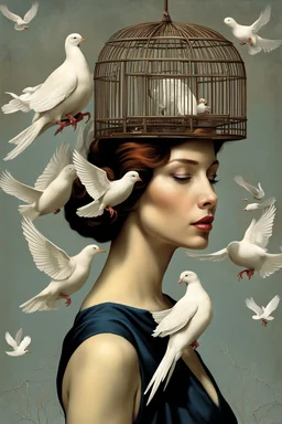 Woman wearing a bird cage hat with white doves in it, surrealism, by Igor Morski, by Moebius, by Norman Rockwell, complementary colors.