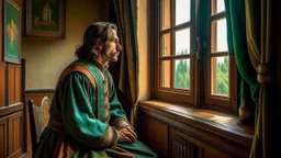 An Andalusian commander in the year 1455 thinking in his room in front of the window