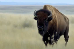 Bison walking towards viewer's left, prairie grasses in foreground, background fades out to white