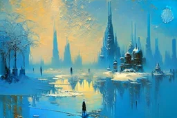 Science fiction city near frozen lake, claude monet impressionism painting