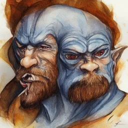 dungeons and dragons, fantasy, goblin, king, portrait, distinct face, ochre skin, watercolour, blue nose