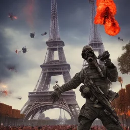 fantassin zombie utilise lance flammes dans la ville de paris, bonbonnes napalm dans le dos, yeux rouges, masque à gaz. Tour Eiffel en fond. Uniforme noir sale et déchiré. deux bras. deux jambes, un torse, un visage.